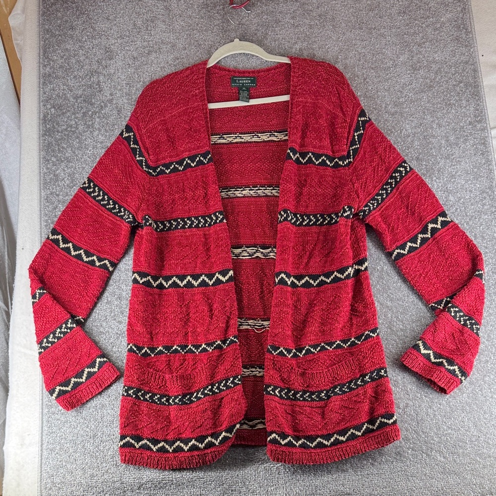 Vtg Lauren Ralph Lauren Red Southwestern Stripe Cardigan XL Linen Hand Knit - Picture 1 of 9